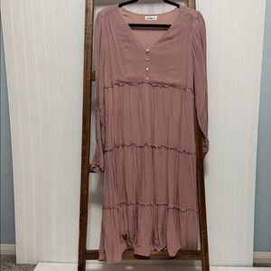 In Bloom Mauve Tiered Midi Dress with Functional Buttons Size Large